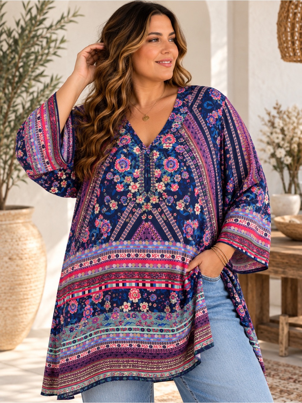 Johnny Was Floral Border Print Tunic Top 3X Plus Size NWT #742